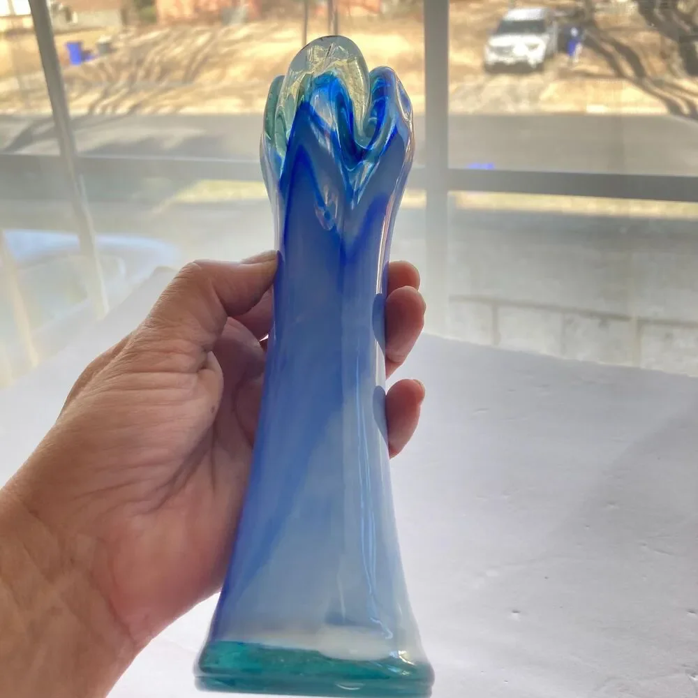 Vintage 5 Finger Blue White Swirl Swung Vase Art Glass Bud Vase Glass 8 inches